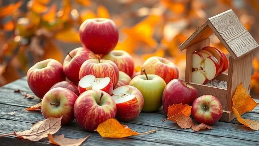 Mata fåglar med äpplen på hösten